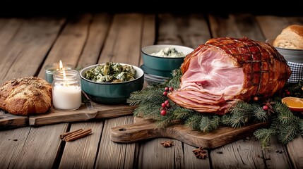 Glazed holiday ham centerpiece served with sides and candlelight