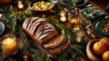 Holiday Table Setting with Artisan Bread and Candlelight