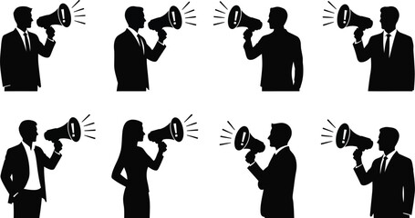 Group of people using megaphones black silhouettes on a white background