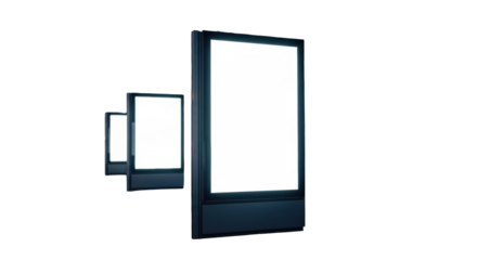 Low-angle shot of three vertical, blank white digital lightboxes on a wet city street at night, reflecting in the pavement, cinematic lighting and bokeh. Concept for commercial advertising display