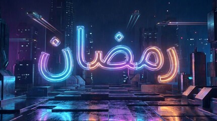 Futuristic Cyberpunk Ramadan Arabic Neon Typography in Night Cityscape - 3D Illustration