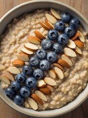 Close-up of a blueberry and almond oatmeal bowl