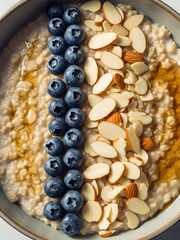 Close-up of a blueberry and almond oatmeal bowl