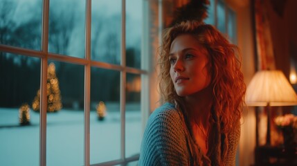 Woman Looking Out Window at Snowy Christmas Evening