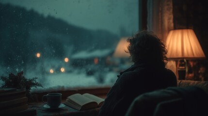 Cozy person reading by window during cold snowy night