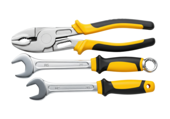 Macro shot of polished chrome vanadium slip-joint pliers and a combination wrench with bright yellow ergonomic handles, precisely stacked on transparent, high-key studio light. Concept of professional