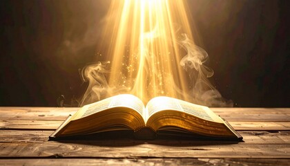 Open Holy Book Illuminated by Divine Golden Light and Mystical Smoke