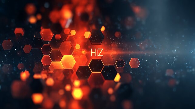 Glowing Orange Hexagons and Particles with Text HZ abstract amber Photo