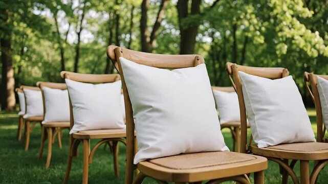 Rows of wooden chairs with white pillows on green grass in a garden.