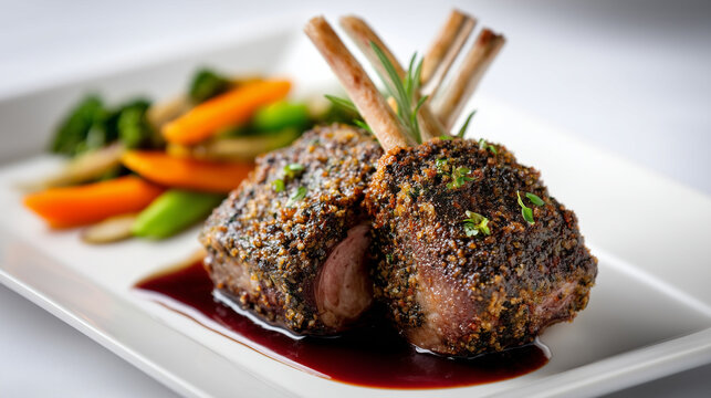 A refined gourmet food photograph showcasing an elegant herb-crusted rack of lamb served with roasted vegetables and a rich red wine jus, isolated against a clean white background.
