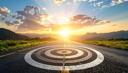 Achieving the Horizon: An open road, emblazoned with a target, extends towards the horizon, symbolizing goal achievement under a bright sun. 
