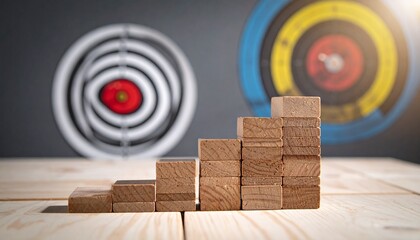 Stairway to Success: Wooden blocks arranged like stairs lead toward a bullseye, symbolizing strategic planning and goal attainment. A vivid image of aspiration and focused growth.
