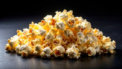 Close up of Fluffy, Golden Popcorn Piled on a Dark Surface