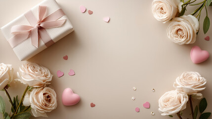 chic, elegant vertical Valentineâs Day flat-lay composition featuring wrapped gifts, pale roses, and soft pink heart decorations arranged symmetrically on a light, neutral pastel b