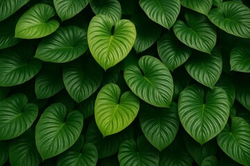 Naklejka premium Heart-shaped tropical leaves with detailed textures forming a lush natural foliage background in a dark green jungle atmosphere. Ai generative. Ai generative