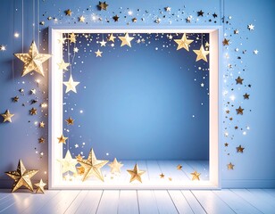 青い背景と黄金の星が輝くフレーム素材