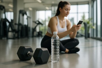 Fototapeta premium Fitness woman using smartphone in gym with dumbbell and water bottle on floor, modern interior background, wellness and workout lifestyle concept. Ai generative