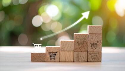 E-commerce Ascent: A symbolic representation of e-commerce growth, with stacked wooden blocks featuring shopping cart icons and an upward-trending arrow.