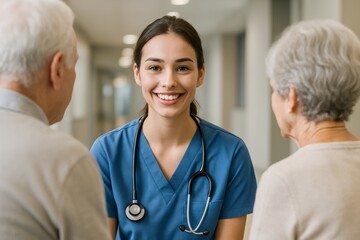 Fototapeta premium Smiling young nurse in blue scrubs talking with elderly couple in medical hallway, symbolizing healthcare support and senior patient care concept. Ai generative