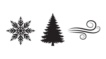 Obraz premium Snowflake, Fir Tree, and Wind Silhouettes in Simple Monochrome Black on White Background for Winter Design