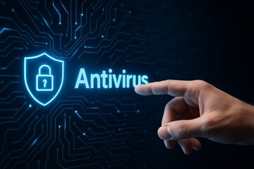 Hand pointing at glowing antivirus icon with shield and lock symbol on digital circuit background, symbolizing cybersecurity protection concept. Ai generative