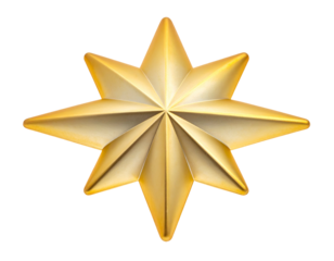 Gleaming eight-pointed metallic star with sculpted facets