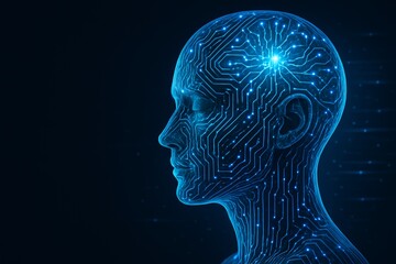 Futuristic human head with glowing circuitry lines representing artificial intelligence and technology on dark background. Ai generative. Ai generative