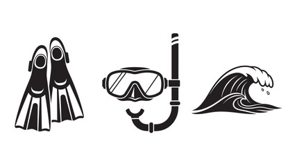 Snorkeling gear illustration in simple line art style with black and white color scheme on white background for travel brochure