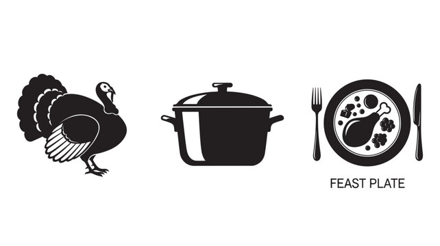 Thanksgiving dinner elements in minimalist black and white illustration for holiday menu design - Powered by Adobe
