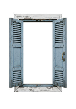 antique, distressed light blue metal shutters and peeling white wood casing opened wide onto a transparent void, studio isolated shot. concept of open opportunity