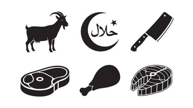 Halal Meat Icons in Simple Flat Design with Black Silhouettes on White Background for Islamic Food Illustration