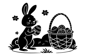 Delightful black and white illustration of an Easter bunny holding a decorated egg, next to a basket filled with patterned Easter eggs, embodying the spirit of spring holidays