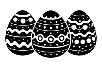 Three stylized decorative Easter eggs with intricate patterns in black and white, perfect for springtime celebrations and holiday designs