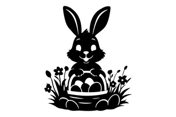 Happy Easter bunny with a basket of colorful eggs surrounded by springtime flowers, a festive and joyful illustration for the holiday season