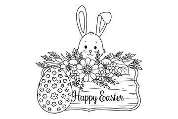 Adorable Easter Bunny Illustration with Festive Flowers and Egg, Peeking Over a 'Happy Easter' Wooden Sign, Perfect for Spring Holiday Coloring Pages or Seasonal Greetings Card Design