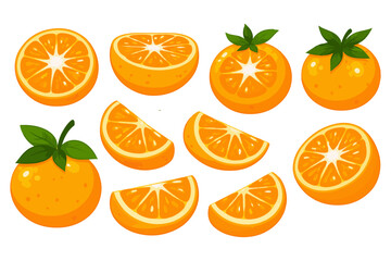 A vibrant collection of fresh oranges, whole and sliced, showcasing their juicy segments and green leafy tops, perfect for culinary and health-related content