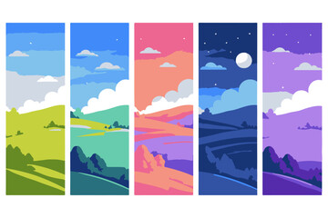 Fototapeta premium Vibrant, stylized landscapes depicting the passage of time from dawn to dusk, showcasing dynamic color palettes and cloud formations in a serene, graphic art style