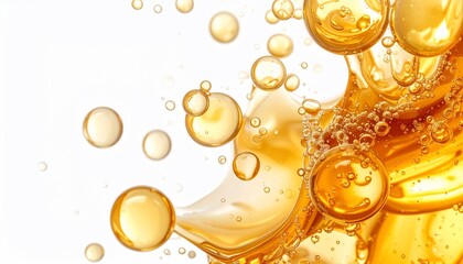 Abstract Close up of Golden Liquid Oil Forming Bubbles and Dynamic Swirls