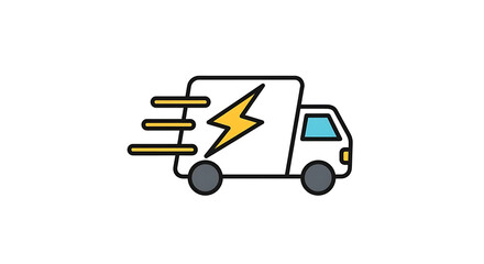 A cartoon delivery truck with a lightning bolt speeding across a white background