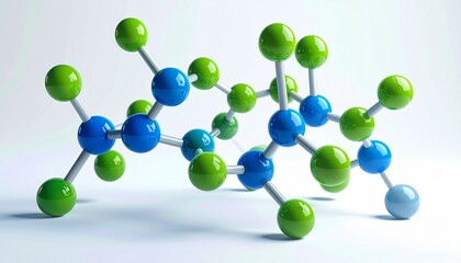 A 3D molecular model with green and blue spheres connected by rods, representing a complex organic structure.