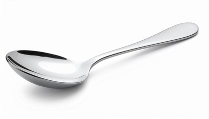A shiny metallic spoon angled on a plain white background, showing both bowl and handle.
