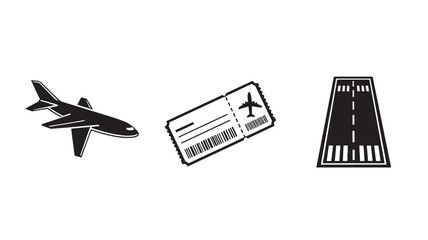 Airplane with boarding pass and runway in simple flat design for travel and transportation