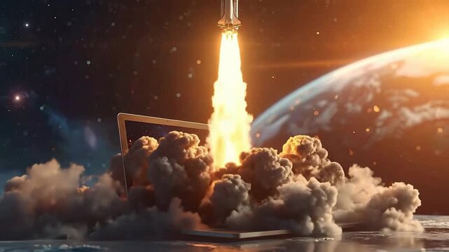 A digital launchpad: a rocket takes off from a laptop screen against a cosmic backdrop.