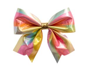 Iridescent metallic bow with colorful stripes and gold center