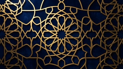 Luxury Gold Islamic Geometric Pattern on Dark Blue Textured Background for Ramadan
