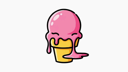 Melting pink ice cream in a yellow cone on white background