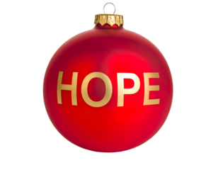 Red, shiny ornament with "HOPE" inscribed in gold lettering