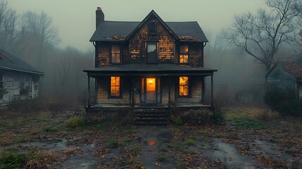 Weathered house in mist