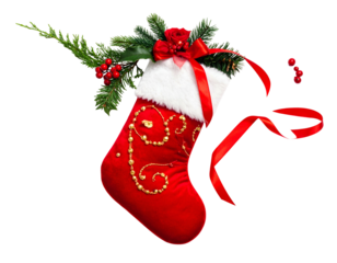 Ornate red Christmas stocking adorned with gold beading & greenery