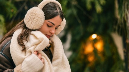 Young woman wearing fluffy earmuffs and scarf, looking down thoughtfully in a winter setting